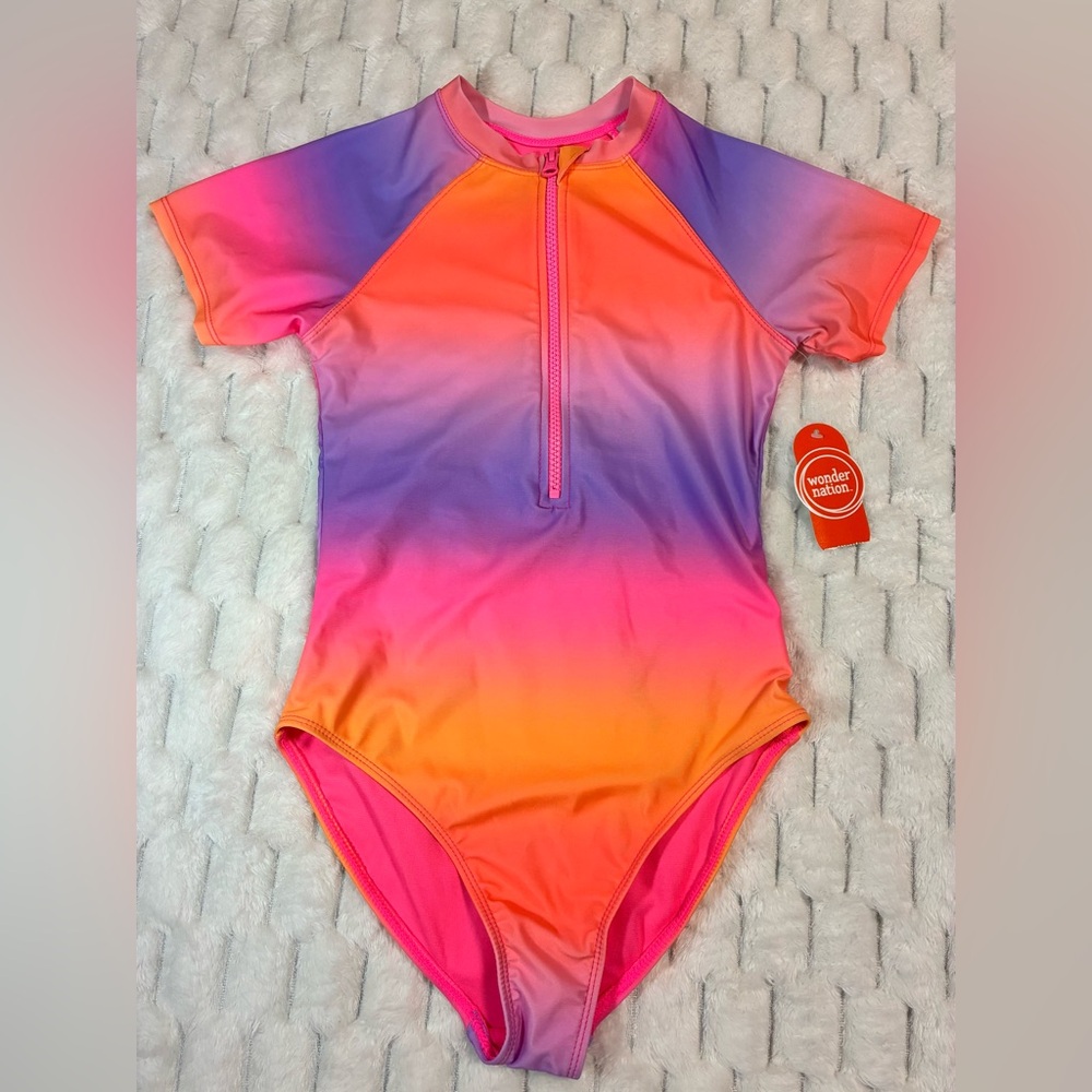 Wonder Nation Girls Short Sleeve Zip-Up Rash Guard One-Piece Swimsuit - Size 10